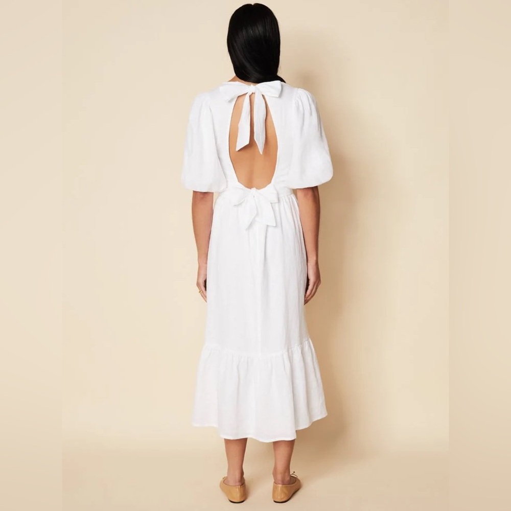 Faithfull the Brand 100% Linen Janielle White Puff Sleeve Midi Maxi Dress Large